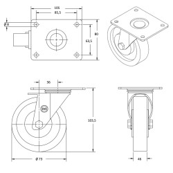 Roulette DESIGN pivotante Ø73 mm POLYAMIDE NOIR à platine CHARGE 300Kg