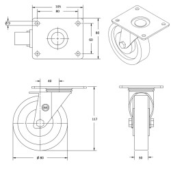 Roulette pivotante, diamètre 80 fixation à platine ,polyamide 6.6 renforcé, charge 250 Kg