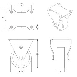 Roulette fixe, diamètre 100 fixation à platine ,polyamide 6.6 renforcé, charge 350 Kg