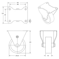 Roulette fixe, diamètre 125 fixation à platine ,polyamide 6.6 renforcé, charge 600 Kg