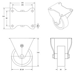 Roulette fixe, diamètre 150 fixation à platine ,polyamide 6.6 renforcé, charge 850 Kg