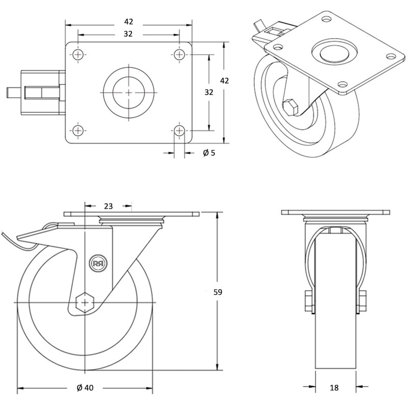 4 Roues Pivotantes Avec Frein, Tige Filetée (M8 - M10) Rotation
