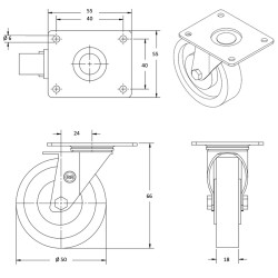 Roulette polyuréthane rouge pivotante diamètre 50mm fixation à platine