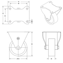 Roulette polyuréthane rouge fixe diamètre 50mm fixation à platine