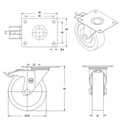 Roulette polyuréthane rouge pivotante frein diamètre 60mm fixation à platine