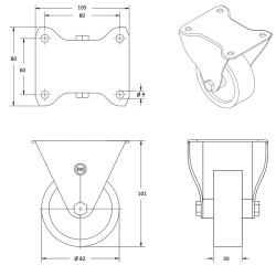 Roulette fixe diamètre 82 mm polyuréthane marron jante aluminium - 150Kg