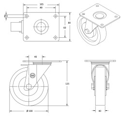 Roulette pivotante diamètre 100 mm polyuréthane marron jante aluminium - 200Kg