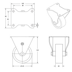 Roulette fixe, roue diamètre 125 fixation à platine ,polyuréthane , charge 200 Kg