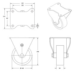 Roulette fixe, roue diamètre 160 fixation à platine ,polyuréthane , charge 350 Kg