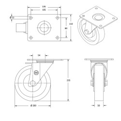 Roulette pivotante, roue diamètre 200 fixation à platine ,polyuréthane , charge 350 Kg