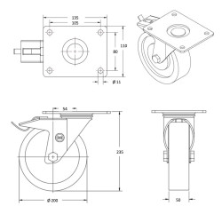 Roulette pivotante à frein, roue diamètre 200 fixation à platine ,polyuréthane , charge 350 Kg