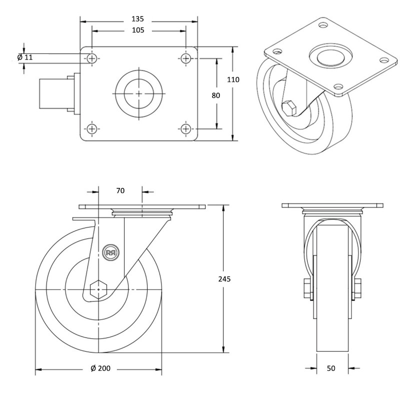 Roulette Pivotante 200mm Polyuréthane FORTHANE® - Charge 900Kg - Pour Charges Lourdes Industrie - 13