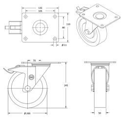 Roulette pivotante à frein, roue diamètre 200 fixation à platine ,polyuréthane , charge 700 Kg