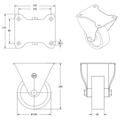 Roulette fixe, roue diamètre 200 fixation à platine ,polyuréthane , charge 700 Kg