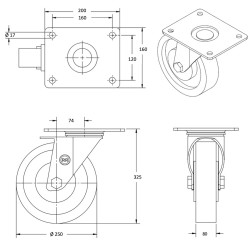 Roulette pivotante diamètre 250 polyuréthane FORTHANE® marron jante fonte - 1900Kg