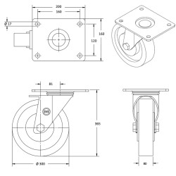 Roulette pivotante, diamètre 300 fixation à platine ,polyuréthane , charge 2300 Kg