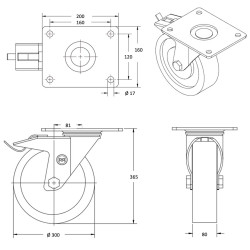 Roulette pivotante à frein, diamètre 300 fixation à platine ,polyuréthane , charge 2300 Kg