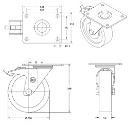 Roulette pivotante à frein diamètre 200 mm roue polyuréthane vert ERGO-SOFT® - 700 Kg