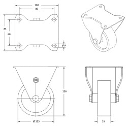 Roulette INOX fixe diamètre 125 mm roue polyuréthane rouge moyeu à billes - 220 Kg