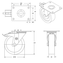 Lot de 4 roulettes INOX pivotantes et pivotantes à frein polyuréthane rouge 80 mm - 360Kg