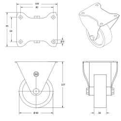 Lot de 4 roulettes INOX pivotantes à frein et fixes polyuréthane rouge 80 mm - 360Kg