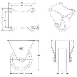 Lot de 4 roulettes INOX pivotantes à frein et fixes polyuréthane rouge 100 mm - 510Kg