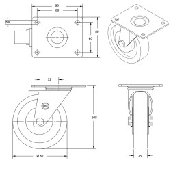 Lot de 4 roulettes INOX pivotantes et pivotantes à frein caoutchouc non tachant 80 mm - 150Kg
