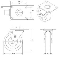 Lot de 4 roulettes INOX pivotantes caoutchouc non tachant 125 mm - 300Kg