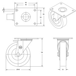 Roulette pivotante Ø40 fixation platine, caoutchouc gris