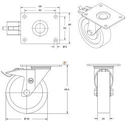 Roulette pivotante à frein Ø50 fixation platine, caoutchouc gris