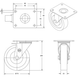 Roulette pivotante diamètre 75 fixation platine ,caoutchouc gris , charge 60 Kg