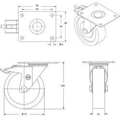 Roulette pivotante à frein diamètre 75 fixation platine ,caoutchouc gris , charge 60 Kg