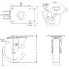 Roulette pivotante à frein diamètre 75 fixation platine ,caoutchouc gris , charge 60 Kg