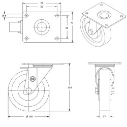 Roulette pivotante diamètre 100 fixation platine ,caoutchouc gris , charge 70 Kg