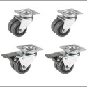 Lot de 4 roulettes pivotantes et pivotantes à frein jumelées caoutchouc gris 50 mm - 180 Kg