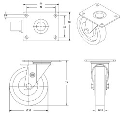 Roulette jumelée pivotante diamètre 50 mm polypropylène noir- 60 Kg