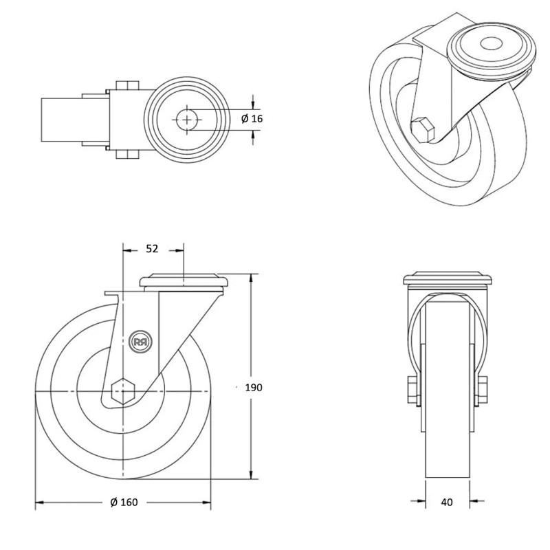 Roulettes Kabalo 4x - Caoutchouc Noir 50mm, Pivotantes Avec Frein - Charge 40kg/roue - Meubles