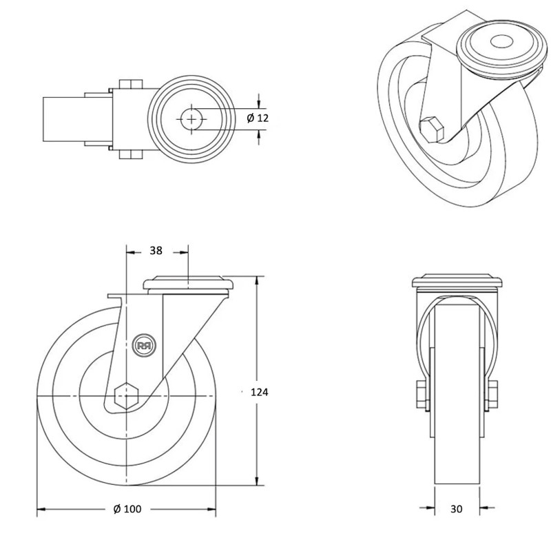 Roue Metal Industriel Lot Roulettes Pivotantes Et Fixe Caoutchouc EASYROLL® BLEU 100 Mm Charge - 420 Kg Pour Meubles