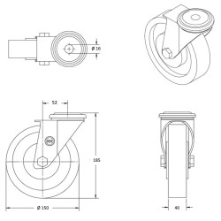 Roulette pivotante, diamètre 150 fixation à trou central ( oeil ), polyamide, charge 350 Kg
