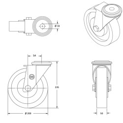 Roulette pivotante, diamètre 200 fixation à trou central ( oeil ), polyamide, charge 350 Kg