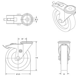Roulette pivotante à frein, roue diamètre 125 fixation à troue central, polyuréthane ROUGE , charge 220 Kg