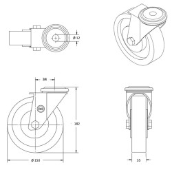 Roulette pivotante, roue diamètre 150 fixation à trou central ( oeil ), polyuréthane ROUGE, charge 300 Kg