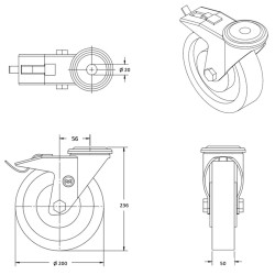 Roulette pivotante à frein, roue diamètre 200 fixation à troue central, polyuréthane ROUGE , charge 300 Kg