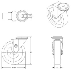 Roulette pivotante diamètre 100 fixation à trou central ( oeil ) ,caoutchouc gris , charge 80 Kg