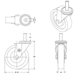 Roulette pivotante diamètre 125 mm caoutchouc noir tige lisse 22 x 47 mm