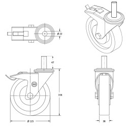 Roulette pivotante à frein diamètre 125 mm caoutchouc noir tige lisse 22 x 47 mm