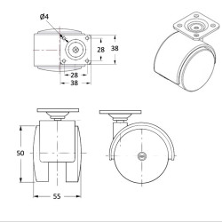 Lot de 4 roulettes pivotantes jumelées chromée 50 mm - 120 Kg