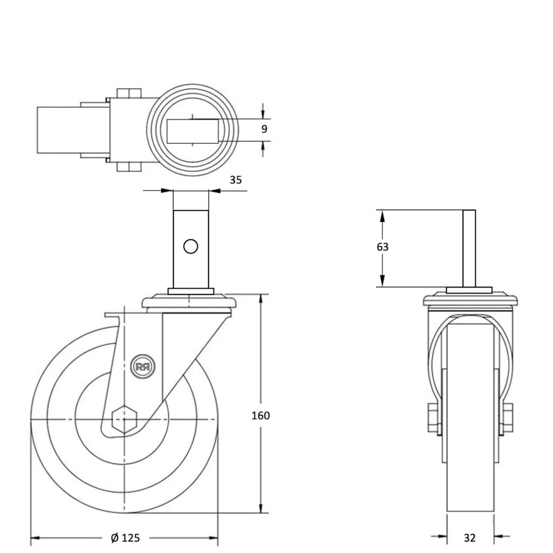 Roulette ESCALATOR pivotante PATTE VERTICAL Ø 125 mm Caoutchouc GRIS à  ROULEMENT