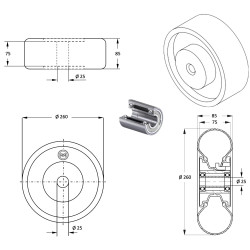 Roue  gonflable diamètre 260 x 85 (3.00-4) alésage 25 mm corps tôle roulement à billes