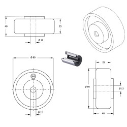 Roue caoutchouc noir diamètre 80 x 25 alésage 12 longueur de moyeu 40 mm roulement à rouleaux
